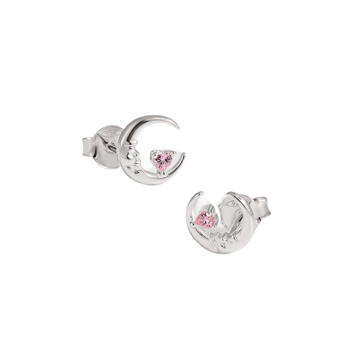 Silver Crescent Moon earrings with pink gemstones on a white background