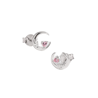 Silver Crescent Moon earrings with pink gemstones on a white background