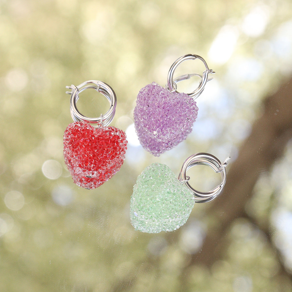 Sweet Colorful Heart Candy 925 Sterling Silver Hoop Earrings, Red, Purple, Green