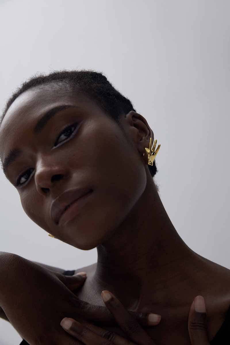 Fine Jewelry Holiday Yellow Gold Plated OK Hand S999 Sterling Silver Electroforming Hollow Light Exaggerated Earrings, Displayed on Ear