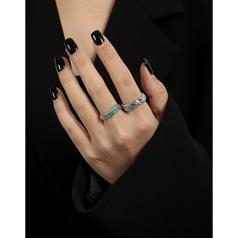 Irregular Textured Geometric Teal And Black Enamel Pure Metal 925 Sterling Silver Adjustable Open Ring On Womans Hand
