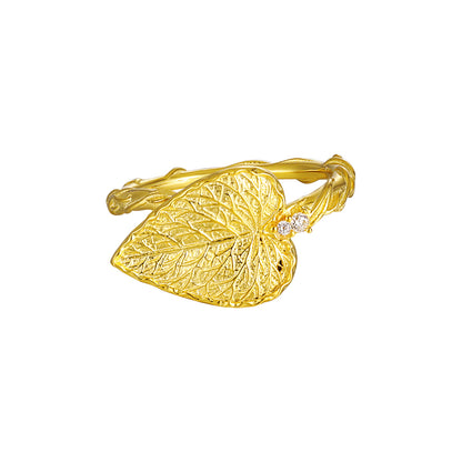 Big Leaf 925 Sterling Silver Adjustable Twisted Ring, Nature Ring, Gold on White Background