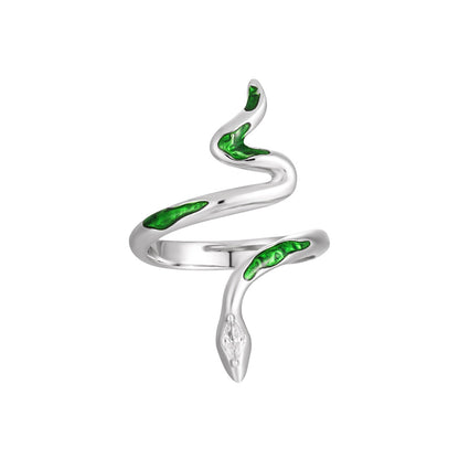 Green Epoxy Snake 925 Sterling Silver Adjustable Ring, On White Background