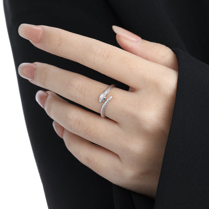 Party Green CZ Eyes Snake Animal 925 Sterling Silver Adjustable Ring displayed on finger