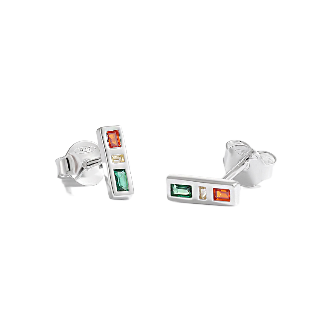 Red- Yellow- Green Traffic Light Earrings- Silver-  On White Background