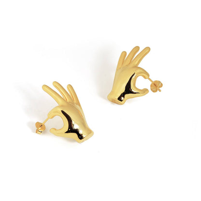 Fine Jewelry Holiday Yellow Gold Plated OK Hand S999 Sterling Silver Electroforming Hollow Light Exaggerated Earrings On White Background