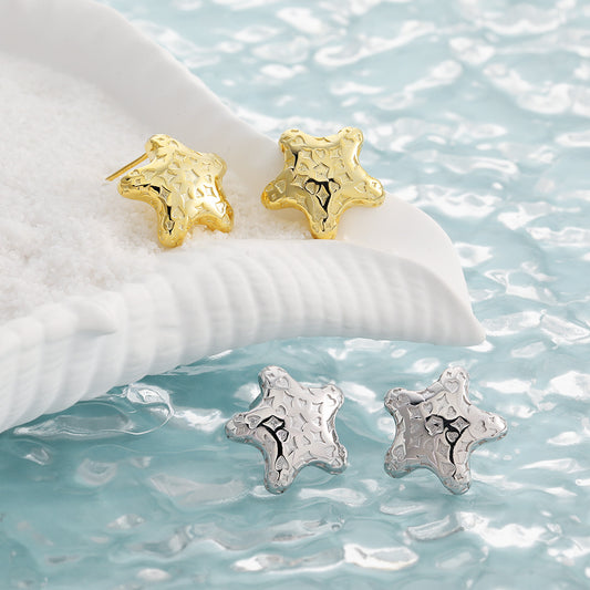 Starfish Pattern Sweet Cool Style S925 Sterling Silver Stud Earrings, Gold, Silver