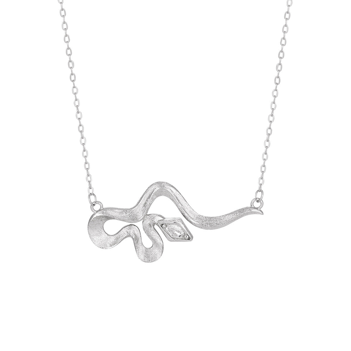 Modern Rhombus CZ curved snake pendant necklace in 925 sterling silver with cubic zirconia stone, On White Background