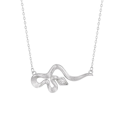 Modern Rhombus CZ curved snake pendant necklace in 925 sterling silver with cubic zirconia stone, On White Background