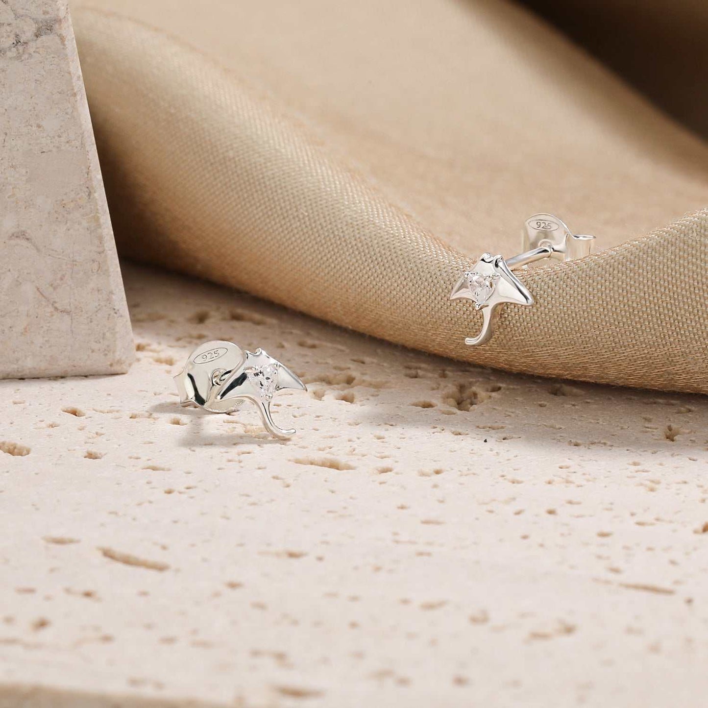 Sting Ray Fish Sterling Silver Stud Earrings- 18K gold plating available in yellow gold plating or silver finish- Cubic Zirconia