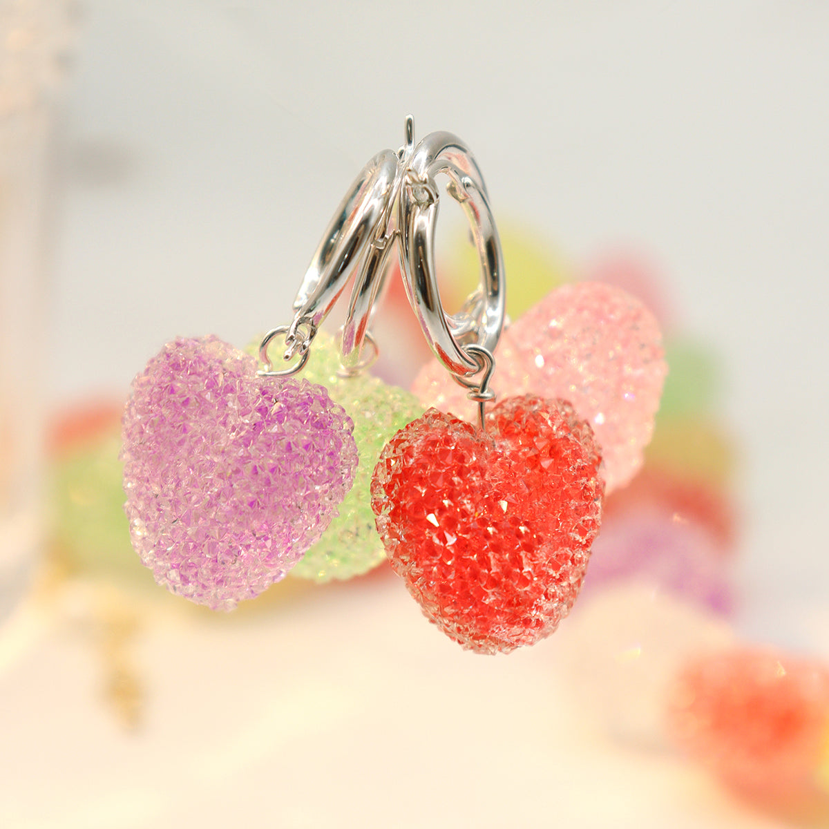 Sweet Colorful Heart Candy 925 Sterling Silver Hoop Earrings, Purple, Pink, Green, Red