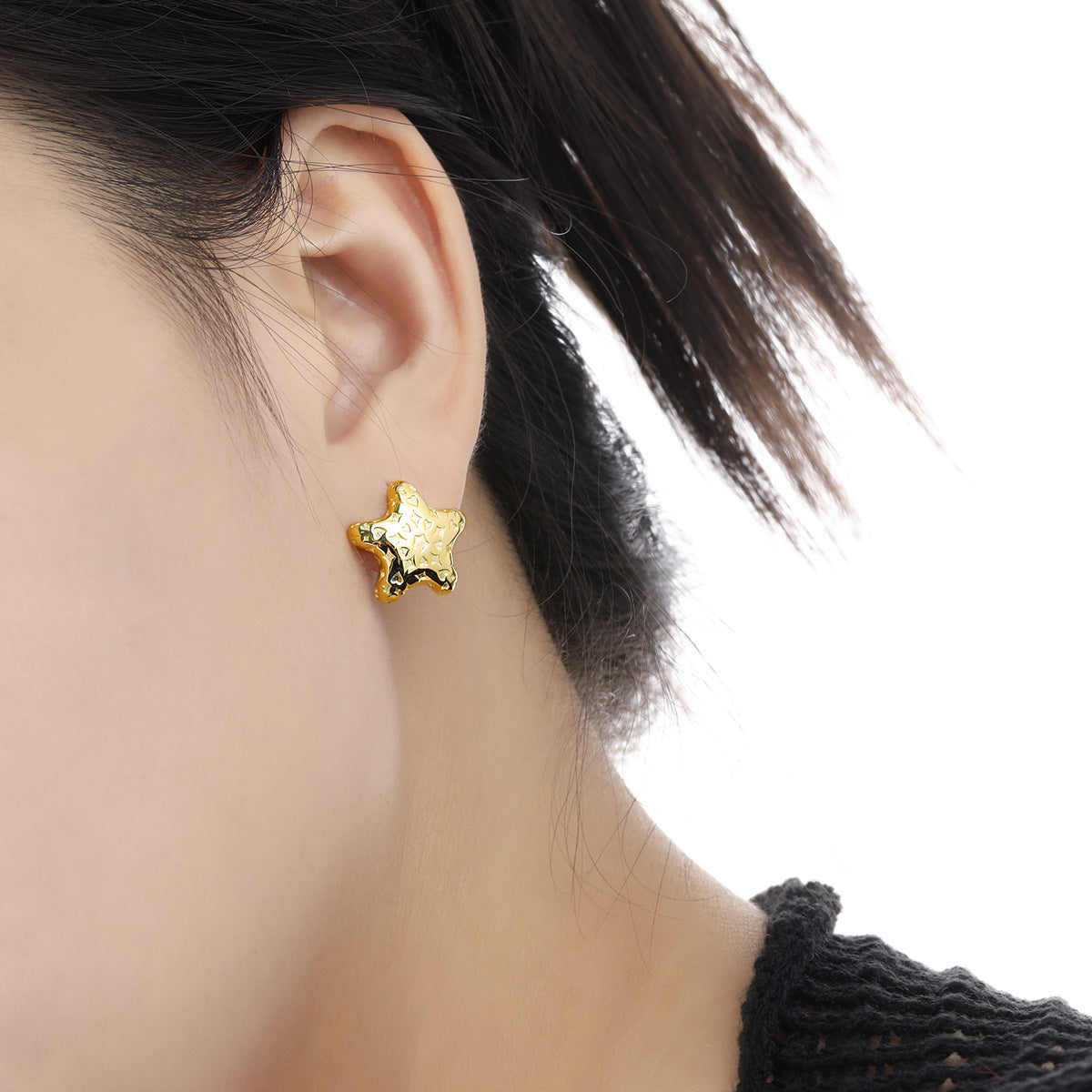 Starfish Pattern Sweet Cool Style S925 Sterling Silver Stud Earrings, Gold, On Ear