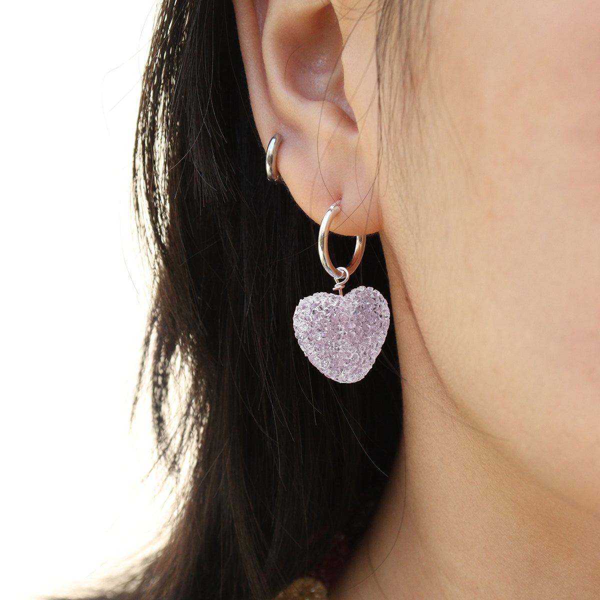Sweet Colorful Heart Candy 925 Sterling Silver Hoop Earrings, Displayed on Ear