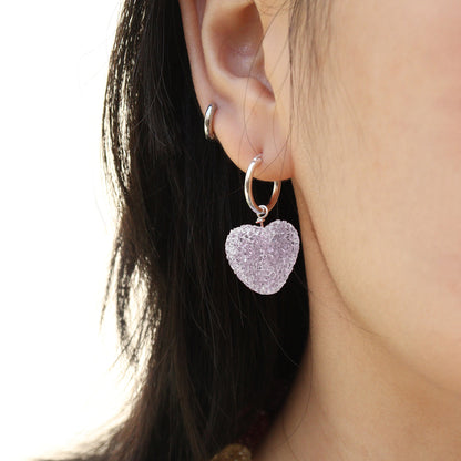 Sweet Colorful Heart Candy 925 Sterling Silver Hoop Earrings, Displayed on Ear