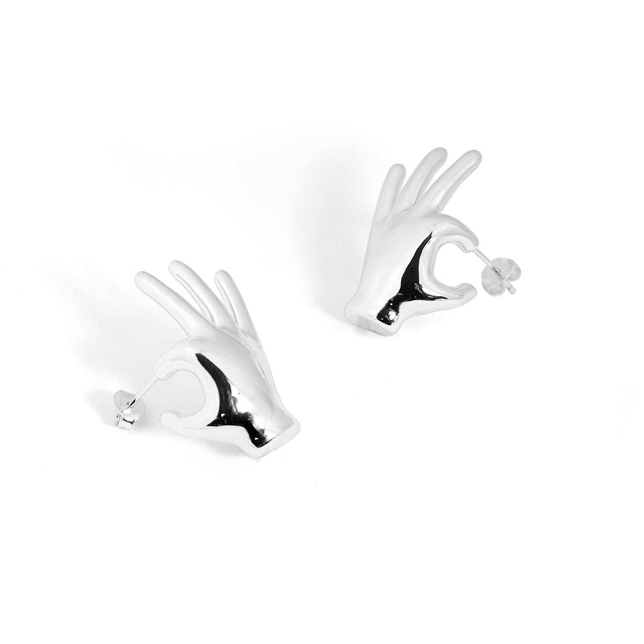 Fine Jewelry Holiday Yellow Gold Plated OK Hand S999 Sterling Silver Electroforming Hollow Light Exaggerated Earrings On White Background