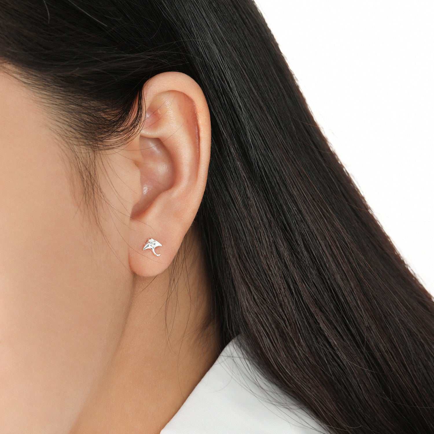 Sting Ray Fish Sterling Silver Stud Earrings- 18K gold plating- On Ear- Cubic Zirconia
