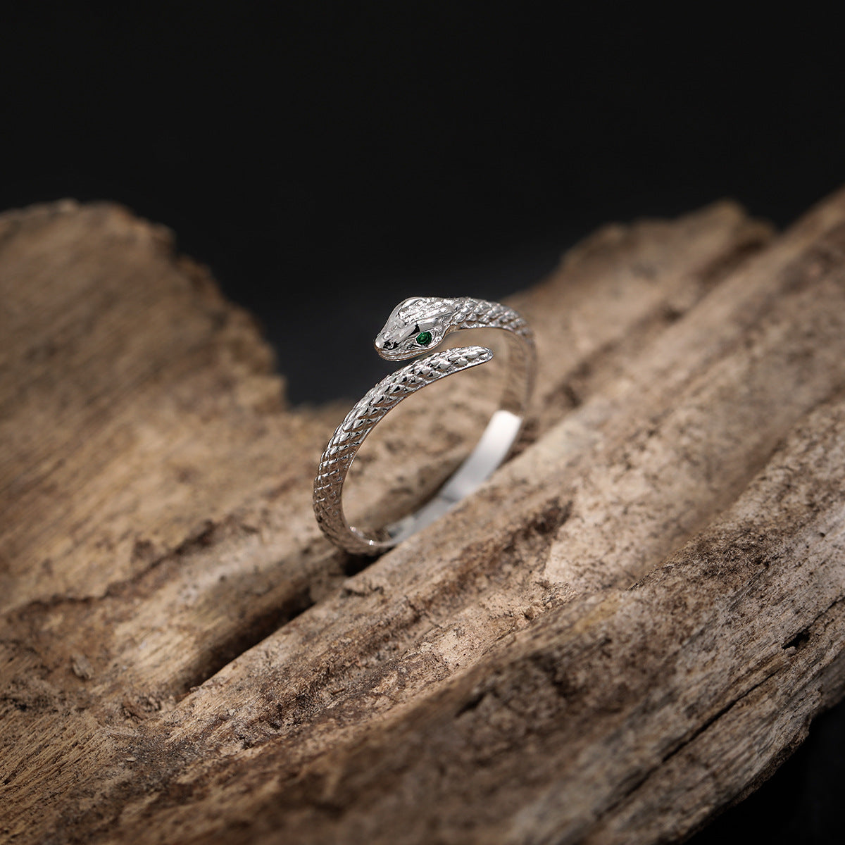 925 sterling silver adjustable snake ring with party green CZ eyes and cubic zirconia accents