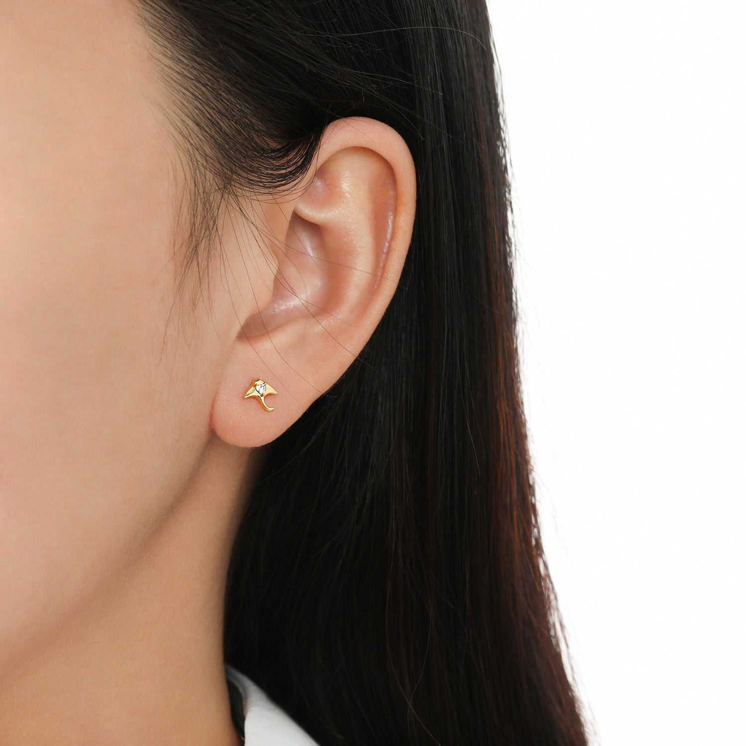 Sting Ray Fish Sterling Silver Stud Earrings- 18K gold plating- On Ear-Cubic Zirconia 