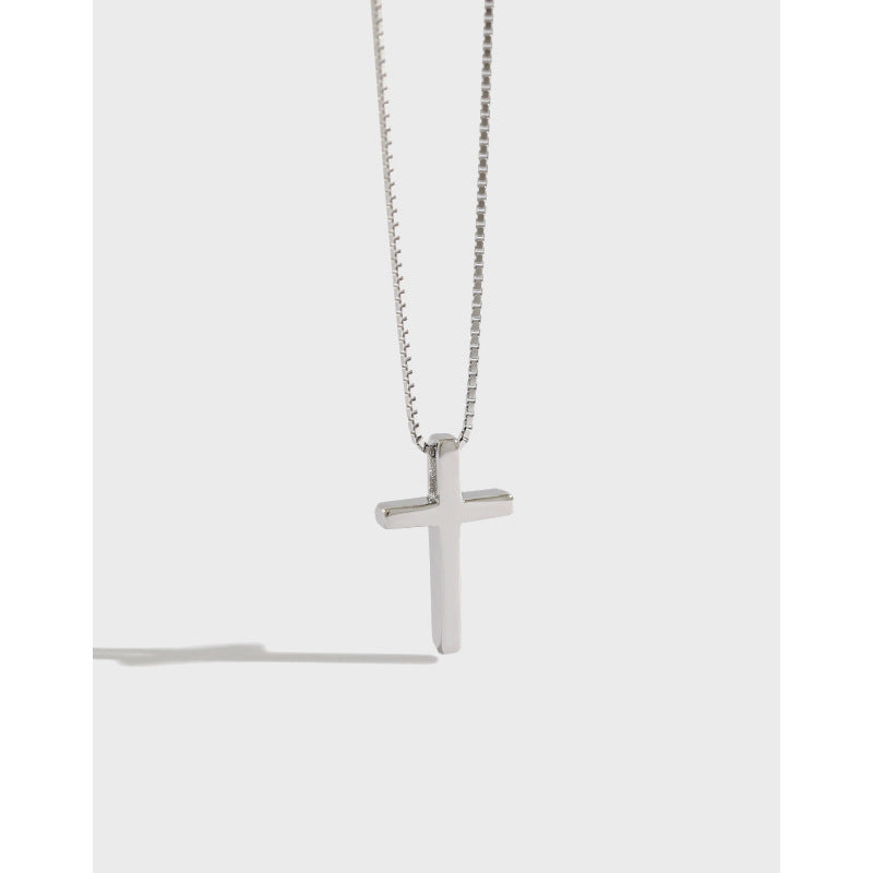 Elegant Cross Pendant Box Chain S925 Silver Necklace, On White Background, Cross Shadow