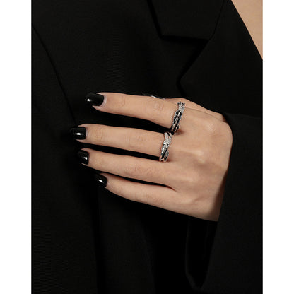 Irregular Textured Geometric Teal And Black Enamel Pure Metal 925 Sterling Silver Adjustable Open Ring 
