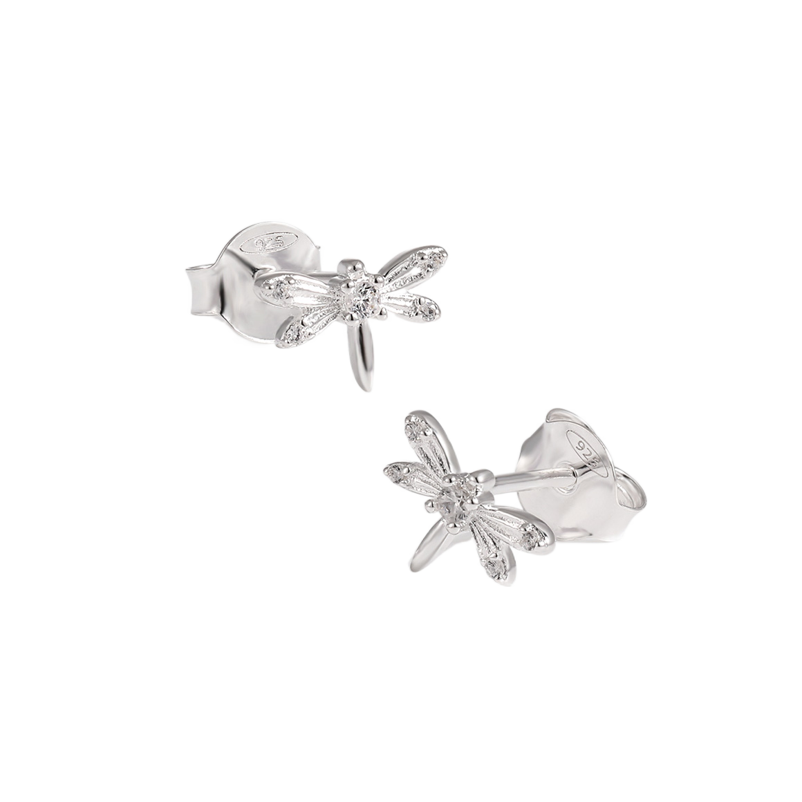 Silver dragonfly-shaped earrings on a white background