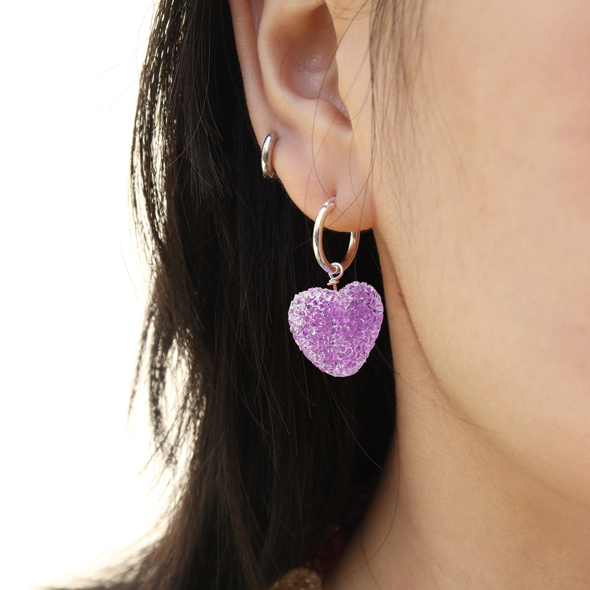 Sweet Colorful Heart Candy 925 Sterling Silver Hoop Earrings, Displayed on Ear