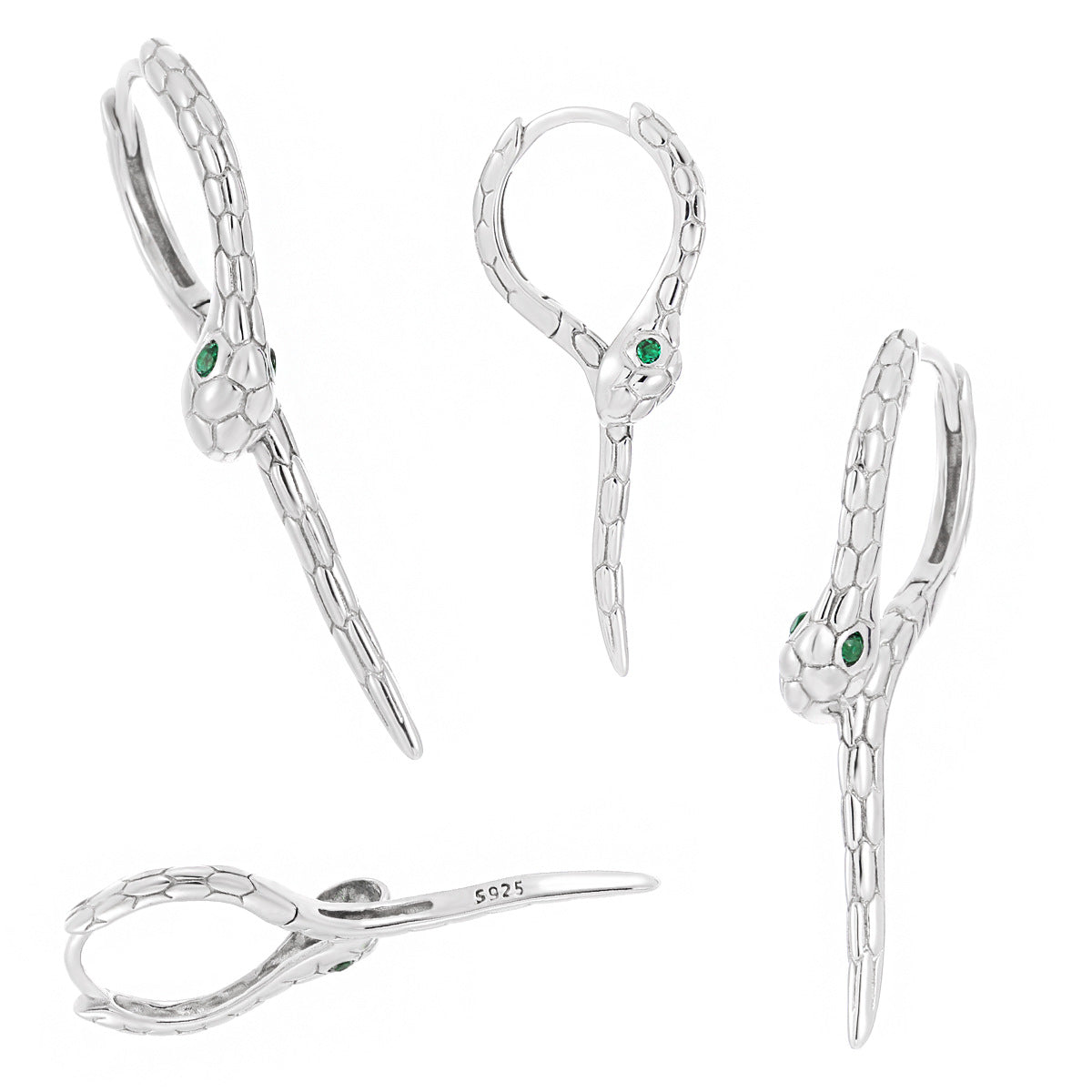Modern Animal Gree CZ Eye Snake 925 Sterling Silver green cubic zirconia dangling earrings, multiple view, on white background