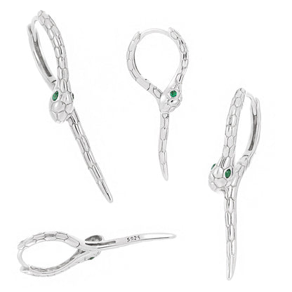 Modern Animal Gree CZ Eye Snake 925 Sterling Silver green cubic zirconia dangling earrings, multiple view, on white background