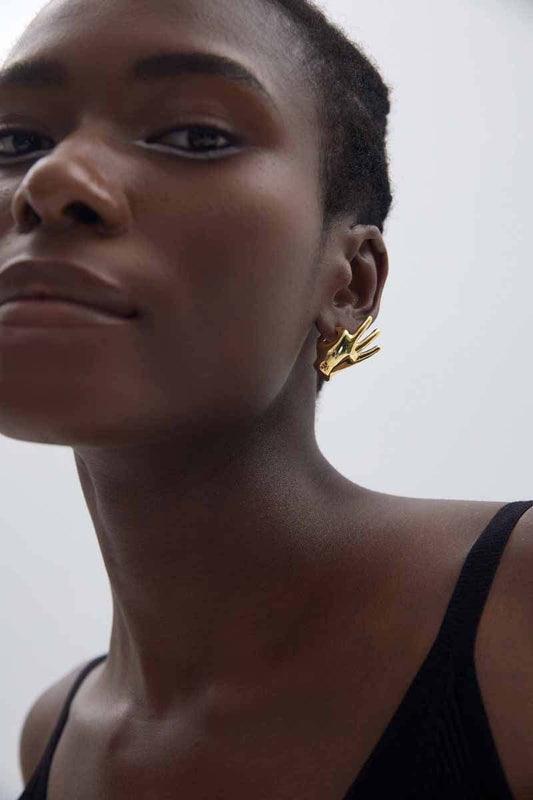 Fine Jewelry Holiday Yellow Gold Plated OK Hand S999 Sterling Silver Electroforming Hollow Light Exaggerated Earrings, Displayed on Ear