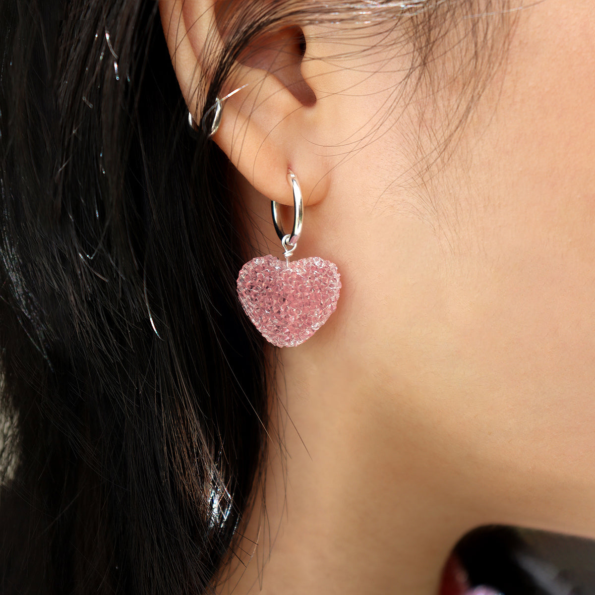Sweet Colorful Heart Candy 925 Sterling Silver Hoop Earrings, Displayed on Ear