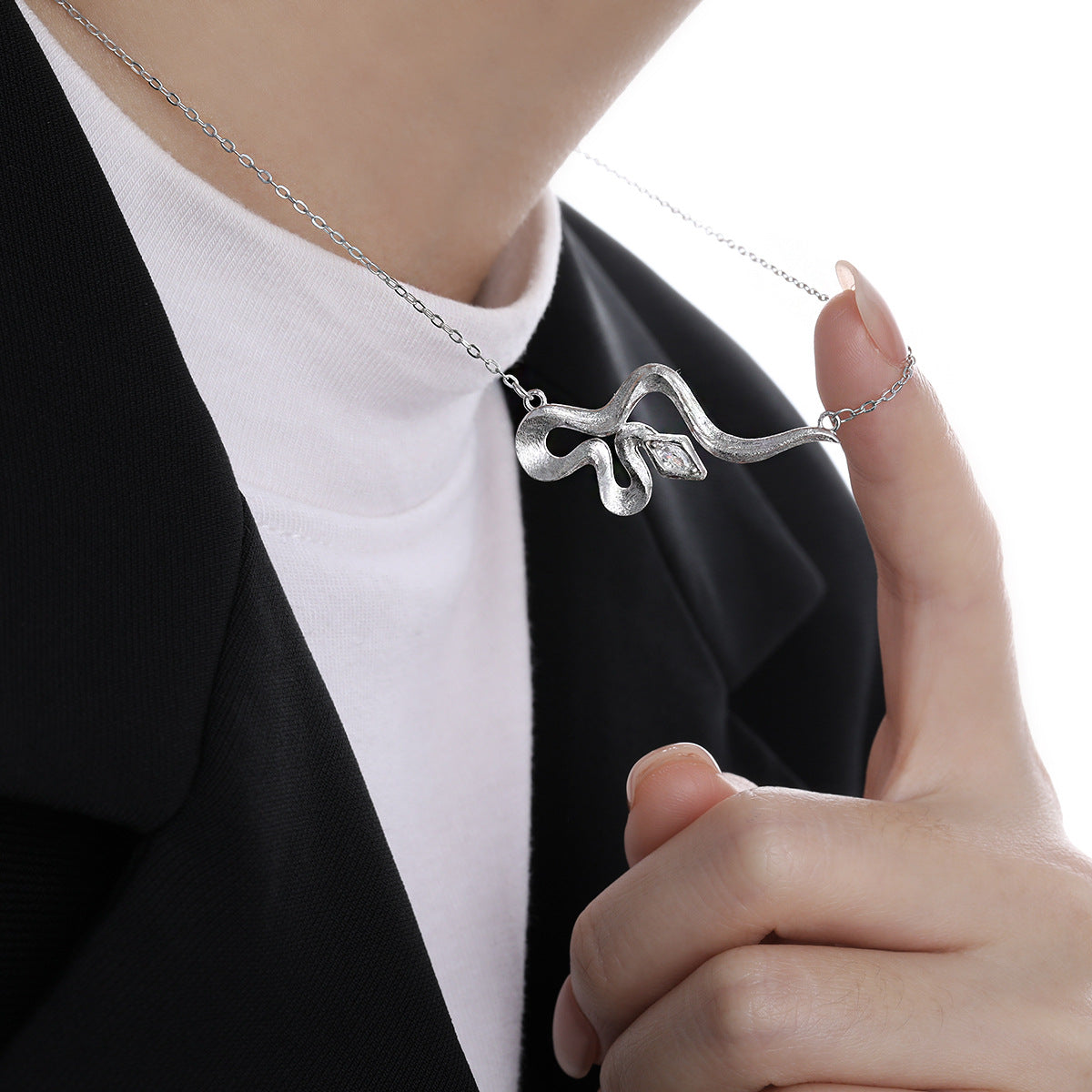 Modern Rhombus CZ curved snake pendant 925 sterling silver necklace with adjustable chain, Displayed on Neck