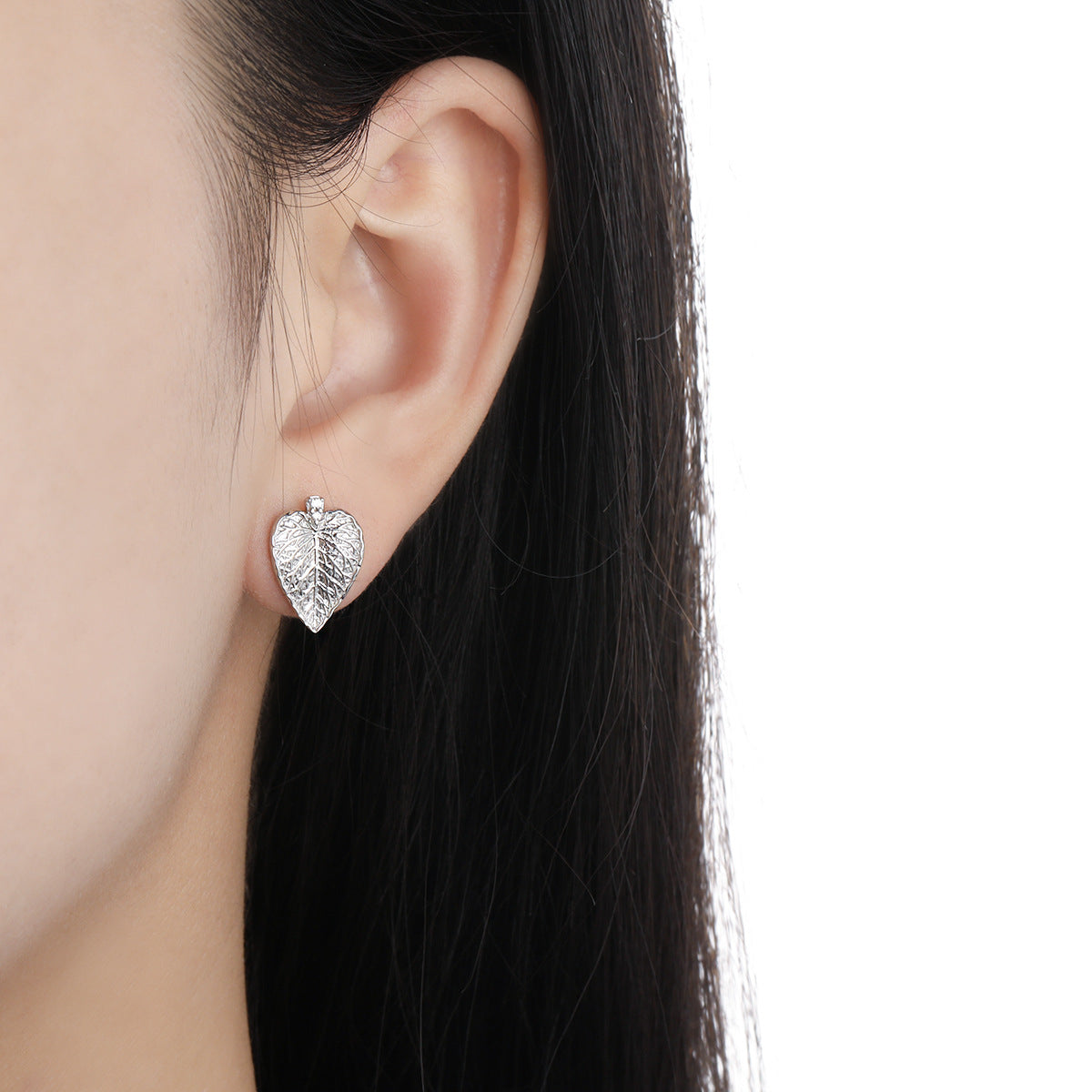 Leaves 925 Sterling Silver Stud Earrings, Silver, Displayed on Ear