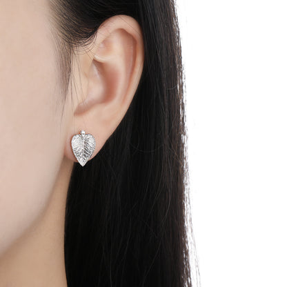 Leaves 925 Sterling Silver Stud Earrings, Silver, Displayed on Ear
