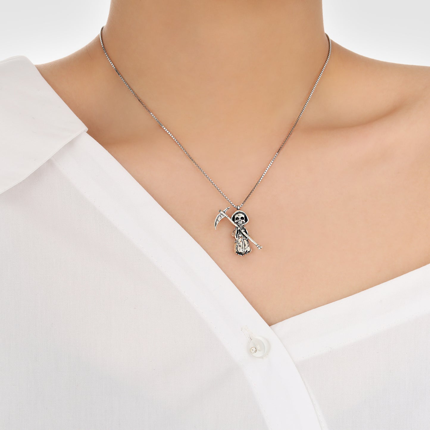 Skeleton Holding A Sickle Sterling Silver Necklace- Grim Reaper-  On neck view