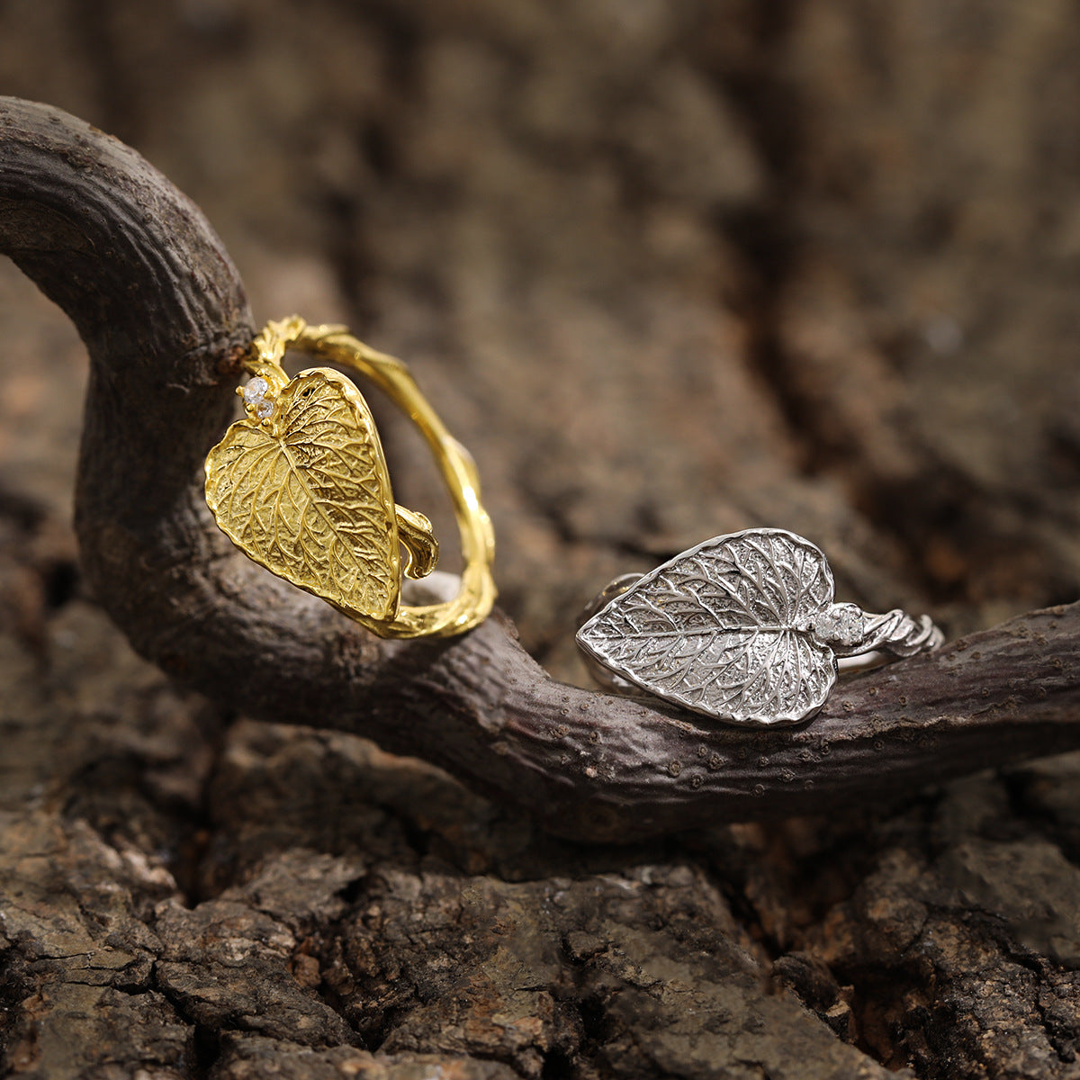 Big Leaf 925 Sterling Silver Adjustable Twisted Ring, Nature Ring, Silver, Gold