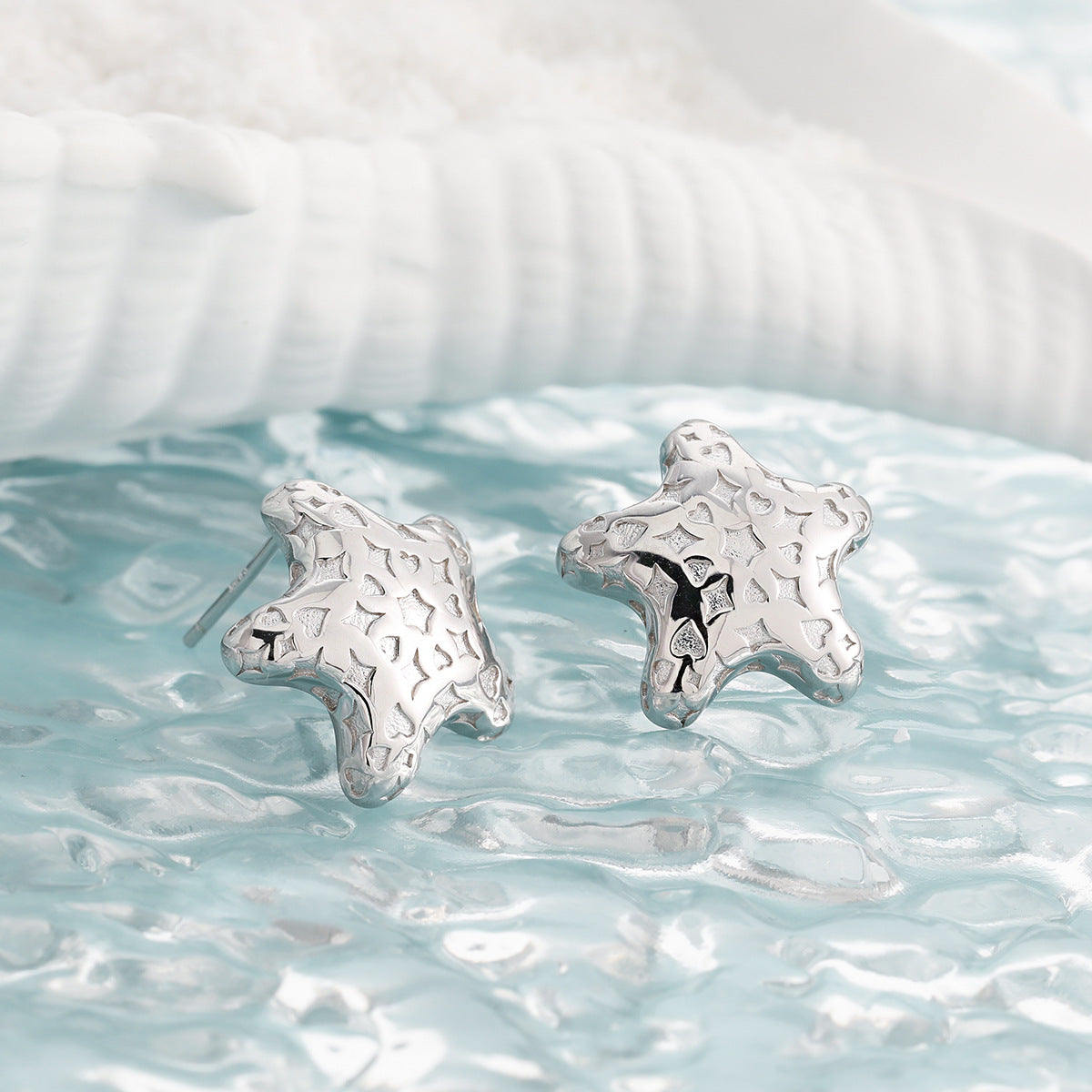 Starfish Pattern Sweet Cool Style S925 Sterling Silver Stud Earrings, Silver