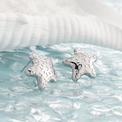 Starfish Pattern Sweet Cool Style S925 Sterling Silver Stud Earrings, Silver