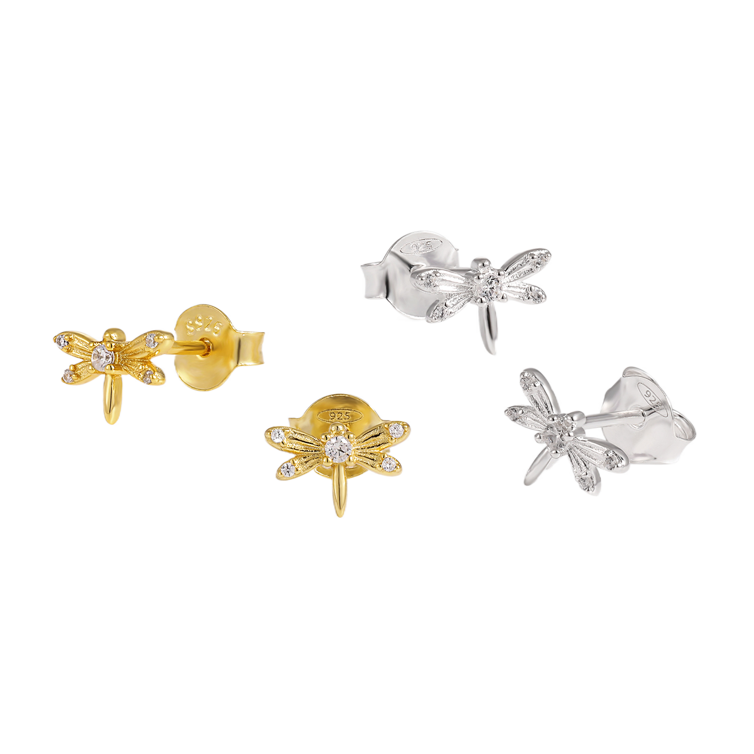 Pair of dragonfly-shaped earrings in gold and silver on a white background