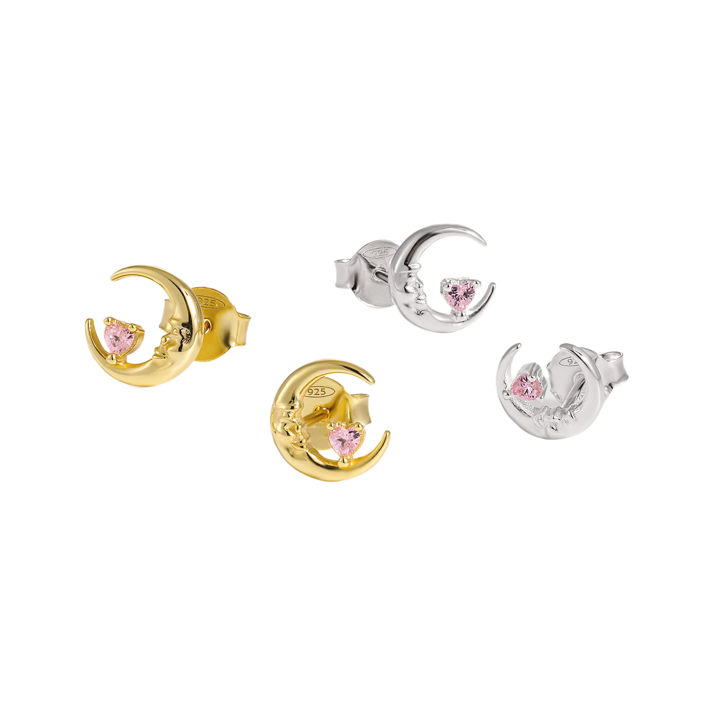 Pink Heart, Crescent Moon, Errings, Front View