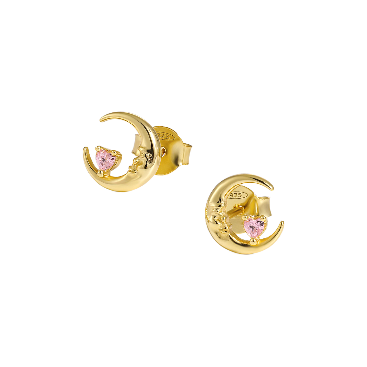 Gold Crescent Moon earrings with pink gemstones on a white background