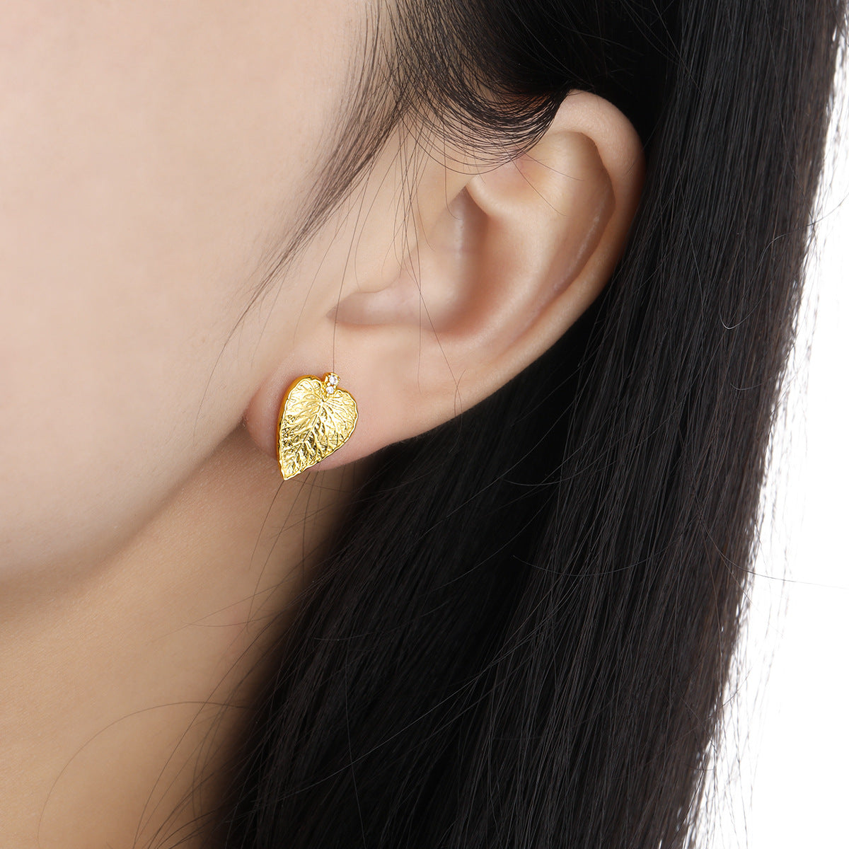 Leaves 925 Sterling Silver Stud Earrings, Gold, Displayed on Ear