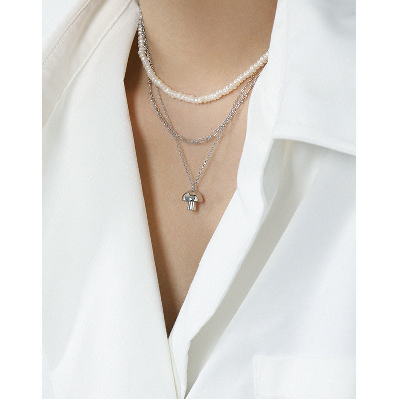 Mushroom Necklace 925 Sterling Silver Chain Pendant Necklace, Fungi Necklace, Silver, On Womans Neck