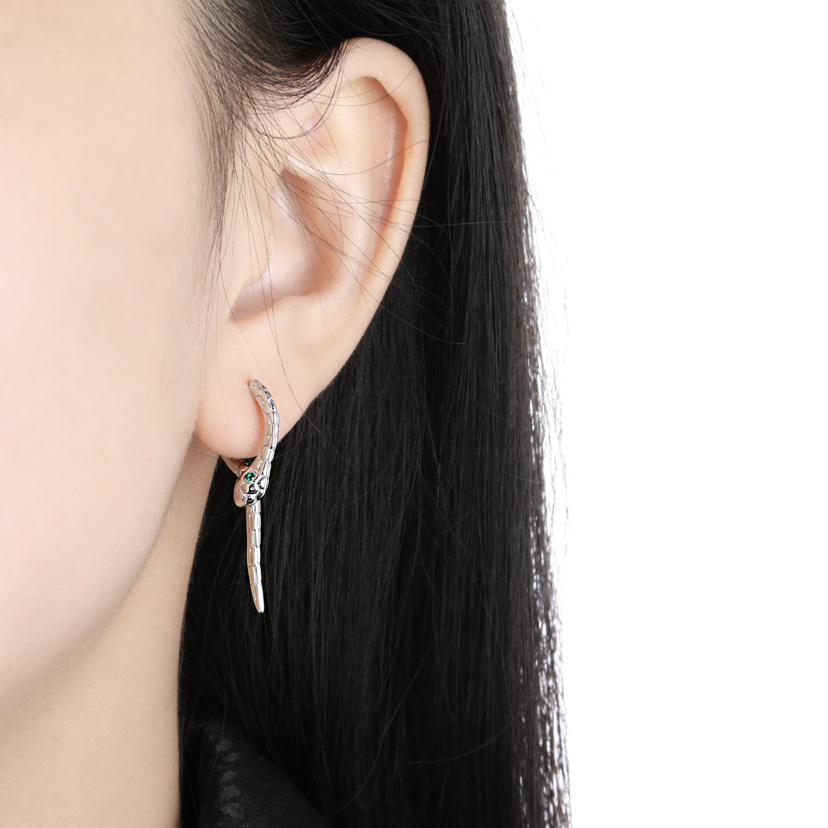 Modern Animal Gree CZ Eye Snake 925 Sterling Silver green cubic zirconia leverback dangling earrings, on ear display