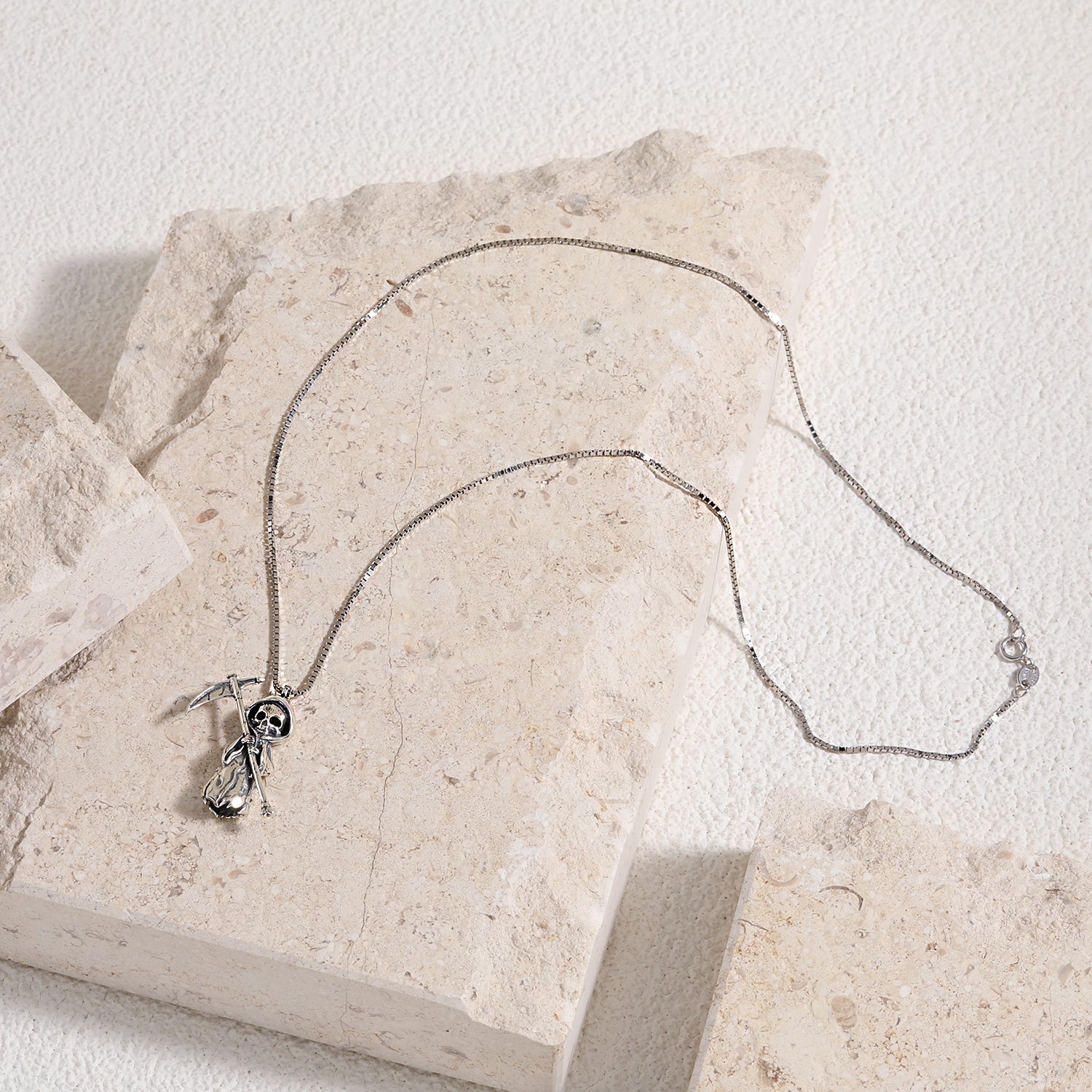 Skeleton Holding A Sickle Sterling Silver Necklace- Grim Reaper- On Marble