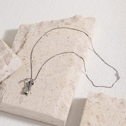 Skeleton Holding A Sickle Sterling Silver Necklace- Grim Reaper- On Marble