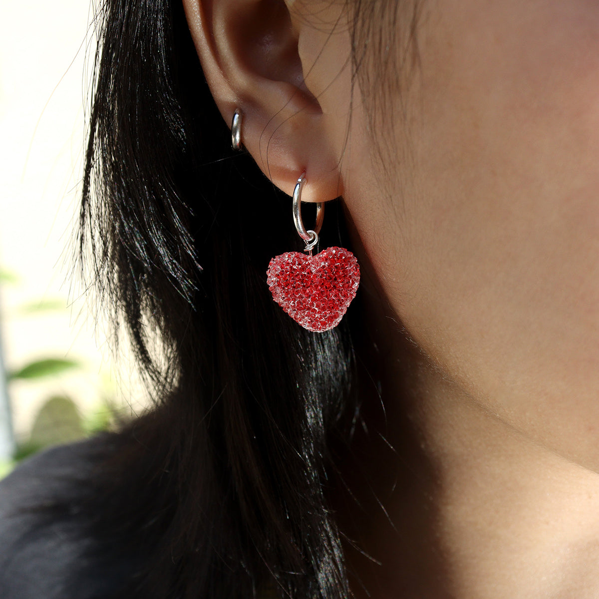 Sweet Colorful Heart Candy 925 Sterling Silver Hoop Earrings, Displayed on Ear