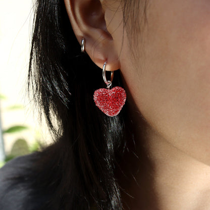 Sweet Colorful Heart Candy 925 Sterling Silver Hoop Earrings, Displayed on Ear