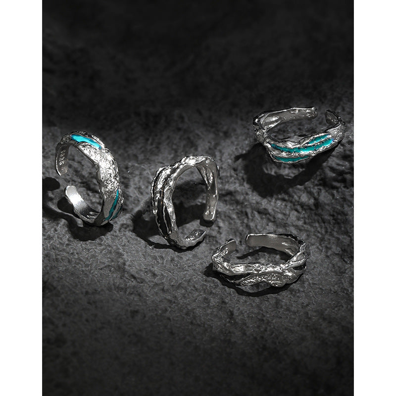 Irregular Textured Geometric Teal And Black Enamel Pure Metal 925 Sterling Silver Adjustable Open Ring On Black Background