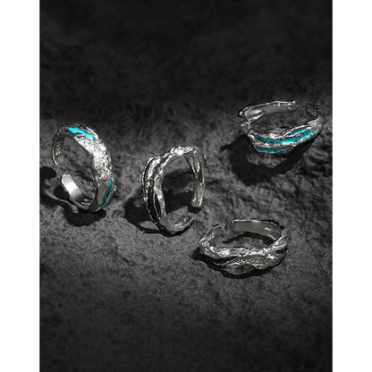 Irregular Textured Geometric Teal And Black Enamel Pure Metal 925 Sterling Silver Adjustable Open Ring On Black Background