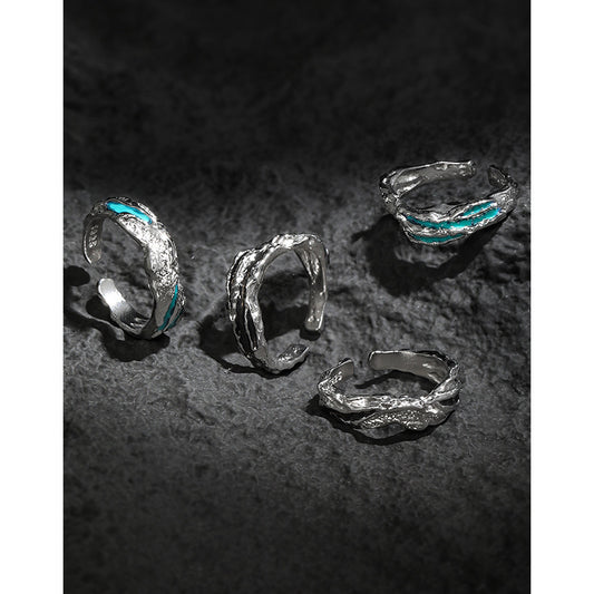 Irregular Textured Geometric Teal And Black Enamel Pure Metal 925 Sterling Silver Adjustable Open Ring On Black Background